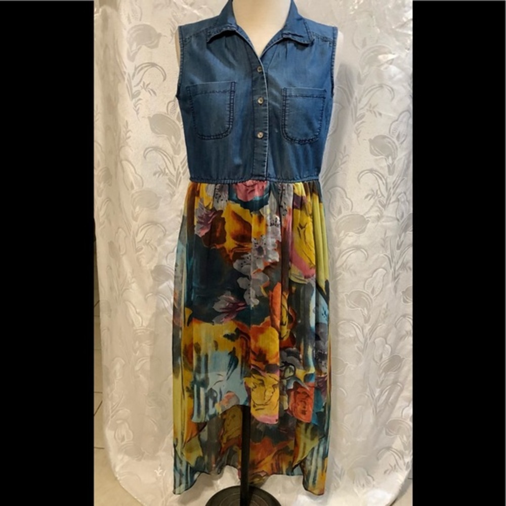 Speed Control Sleeveless Denim Floral Hi/Lo Dress